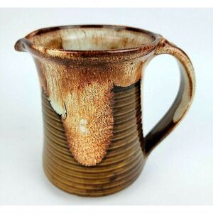 JK Dryden Original Pottery Pitcher Brown 5 Inches Drip Glaze Signed 1983 Brown